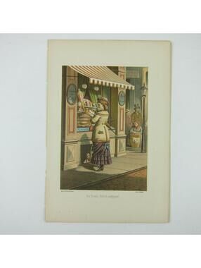 Antique Color Lithograph Print Lady Looks Shop Window Man Watches from Below